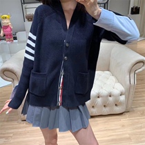 Japan Thom Brown 19 autumn winter dark blue four-bar wool cardigan stitching shirt sweater