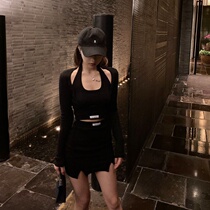 2021 autumn new fashion womens group suit womens black umbilical thin top suspender skirt three-piece tide