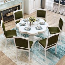 Simple and beautiful old white dining table living room European-style solid wood legs dining table Simple villa round dining table and chairs 4 pieces