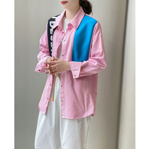 Pink Printed Splicing Shirt Woman Ocean Korean version 100 hitch blouses Eurostock 2021 spring and summer new fashion shirt tide