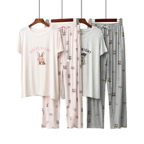 Modale Pajamas Woman Autumn Casual Short Sleeve Long Pants Cardiovert Cartoon Printed Womens Home Conserved Spring Autumn Suit