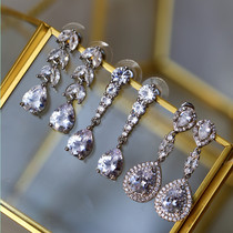 Knock flash bride earrings earrings high-end micro-Diamond zircon earrings long small face earrings collection silver plated