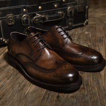 Inlen Wind Retro Handmade Clock Leather Shoes Men Genuine Leather Business Casual Leather Shoes Custard Derby Shoe Goodyear