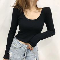 Retro big U-neck Western style bottoming shirt fashion slim short-sleeved T-shirt womens 2019 autumn and winter new Korean solid color top