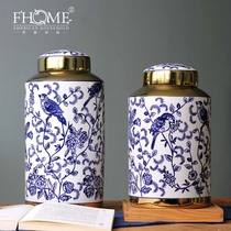 Chinese light luxury creative storage tank ornaments Ceramic storage tank Blue and white porcelain decorative jar with lid Household ins wind