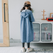 Girls denim jacket loose Korean version 2021 new spring and autumn hooded knee long windbreaker coat parent-child