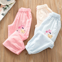 Girls anti-mosquito pants 2022 Summer thin loose cotton Hemp Cartoon Embroidered Long Pants Middle Child Girl Pure Cotton Pants