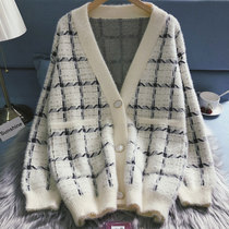 Korean sweater coat womens cardigan autumn and winter New White loose thickened lazy Korean Plaid knitted long sleeve