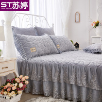  European-style lace crystal velvet three-piece bed skirt winter padded non-slip thickened coral velvet bedspread warm plus velvet