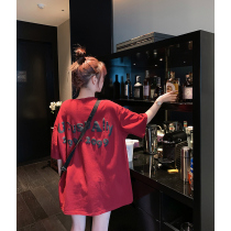 South Korea summer new cartoon letter red short sleeve t-shirt women tide long loose foreign style top size girlfriends