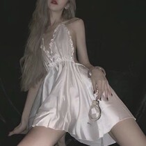 Cream satin wooden ear side suspender fun pajamas Sweet backless strap V-neck sexy night dress(send stockings