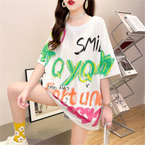 2021 summer new fashion Korean loose plus size mid-length printed letter round neck short-sleeved t-shirt womens top