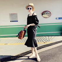 Black shirt dress Women summer 2021 new design sense niche loose shoulder sling fishtail skirt