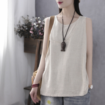 Han Suoyi Retro Art Summer New Women's Loose Cotton and Linen Vest Women's Crewneck Jacket Backing Shirt Strap