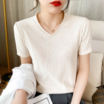 V-collar short sleeve knitting shirt summer new cotton T-shirt half sleeve Han edition loosely thin bottom coat thin