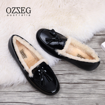 OZZEG leather hair one bean shoes womens winter New tassel pendant bright leather plus velvet cotton shoes womens Z19487502