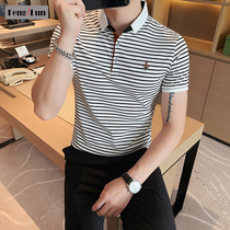 Summer new men polo shirt Korean fashion slim youth horizontal stripe embroidery lapel casual short sleeve t-shirt