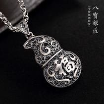 Eight treasures silversmith S990 foot silver handmade blessing word gourd pendant for men and women without chain retro silver pendant amulet