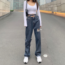 H home European and American style handsome detachable leg belt hole jeans women retro water wash blue street shoot straight pants