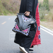 Cloud decoration totem womens bag ethnic style imitation hand embroidered totem two-layer cowhide oblique cross bag handbag embroidered literary bag