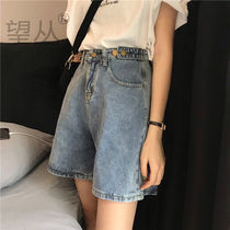 Denim shorts women tide ins2021 summer new wild loose high waist slim straight wide leg pants