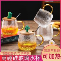 Glass cup with a lid spoon high temperature resistant flower tea cup home coffee mark cup children student Korean version cute