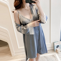 Pajamas women's ice silk suit thin sexy condole belt 2021 new silk nightgown can be worn outside two-piece summer