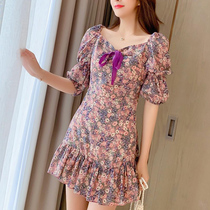 Lotus Leaf Side V Collar Bubble Cuff First Love Princess Dresses Small Subscents Taro Purple Crushed Flowers Snowspun Dress Womens Summer