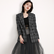 NZ Yinglun Wind Retro Double Row Button Fine Spinning Wool Blue Grey Plaid Suit Woman Coat 2021 Spring New