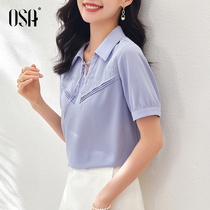 OSA blue V-neck chiffon shirt womens short sleeve thin summer coat 2021 new foreign style high-end chic gown