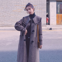 Sandro Tonali winter new double-sided cashmere coat Navy collar medium and long horn buckle wool coat