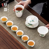 Dehua Goat Fat Jade Kung Fu Tea Set Suit Home Living Room Tea Tea Office Will Guest White Porcelain Sketching Cover Bowl Tea Cup