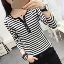 2021 autumn and winter new womens V-neck striped long-sleeved T-shirt womens cotton top clothes slim wild wear base shirt