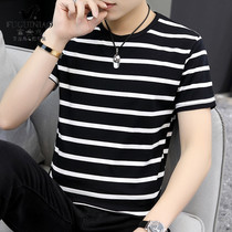 Rich bird black and white striped pure cotton short-sleeved t-shirt summer Korean version of the trend bottoming shirt half-sleeved round neck t-shirt trendy men