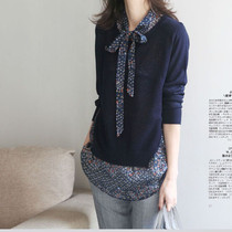 Knitwear womens loose Korean version 2020 new fake two-piece thin floral stitching streamer irregular hem top