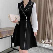 Wooden house bow long floating new three-grain white button waist dress