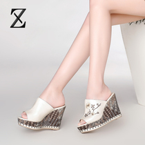 Fashion thick bottom slope with sandals women wear 2021 summer new waterproof table fish mouth high heel slippers women leather