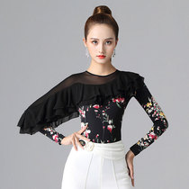 Dambao Roo New Woman Long Sleeve Latin Dance Conjoined Dress With Lotus Leaf Side Dancer Round Collar Morden Dance Blouse
