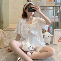 Bowknot pajamas women Summer cotton short sleeve 2021 New thin sweet cute lace home suit