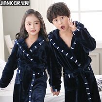 Childrens bathrobe Girl autumn and winter thickened flannel hooded nightgown medium long coral velvet boy pajama princess