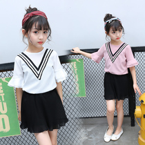 Childrens clothing girls short sleeve short skirt suit 2019 summer new Korean version of the foreign style t-shirt 6-year-old girl leisure sports trend