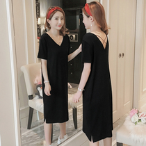 Korean backless sling T-shirt skirt vneck large size womens short sleeve cotton loose slim long dress tide