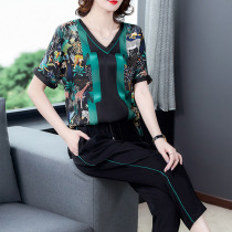 Summer 2021 new size womens high-end wide wife short sleeve top middle-aged mother Sports suit female summer