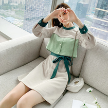 Autumn fake two-piece green dress 2021 new autumn Womens Small man French design sense spring and autumn skirt