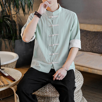 Donts disc buckle linen short sleeve shirt male Chinese wind loose 50% sleeves Zhongshan collar half sleeve inch sweatshirt in ancient clothes