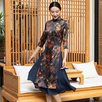 Mu Zhenli improved Mulberry silk cheongsam Long new Odai silk dress printed three-point sleeve 923