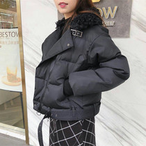 Black lamb wool collar cotton coat womens 2020 winter new fashionable side zipper thickened down cotton thin cotton clothing trend