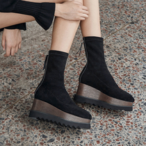 European station autumn and winter high-heeled thick-soled short boots leather velvet medium sponge cake thin boots slope heel stretch boots heightened socks boots