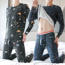 Mens thermal underwear mens plus velvet thickening trend self-cultivation autumn and winter round neck bottoming high-end autumn clothes long pants mens suit