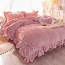 Winter thick love crystal velvet bed skirt four-piece double-sided velvet coral velvet flannel Princess bedding